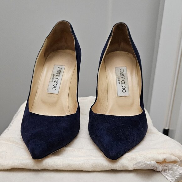 Jimmy Choo Agnes Suede Navy Heels, Sz 37 - Box & Dust Bag - Picture 3 of 13